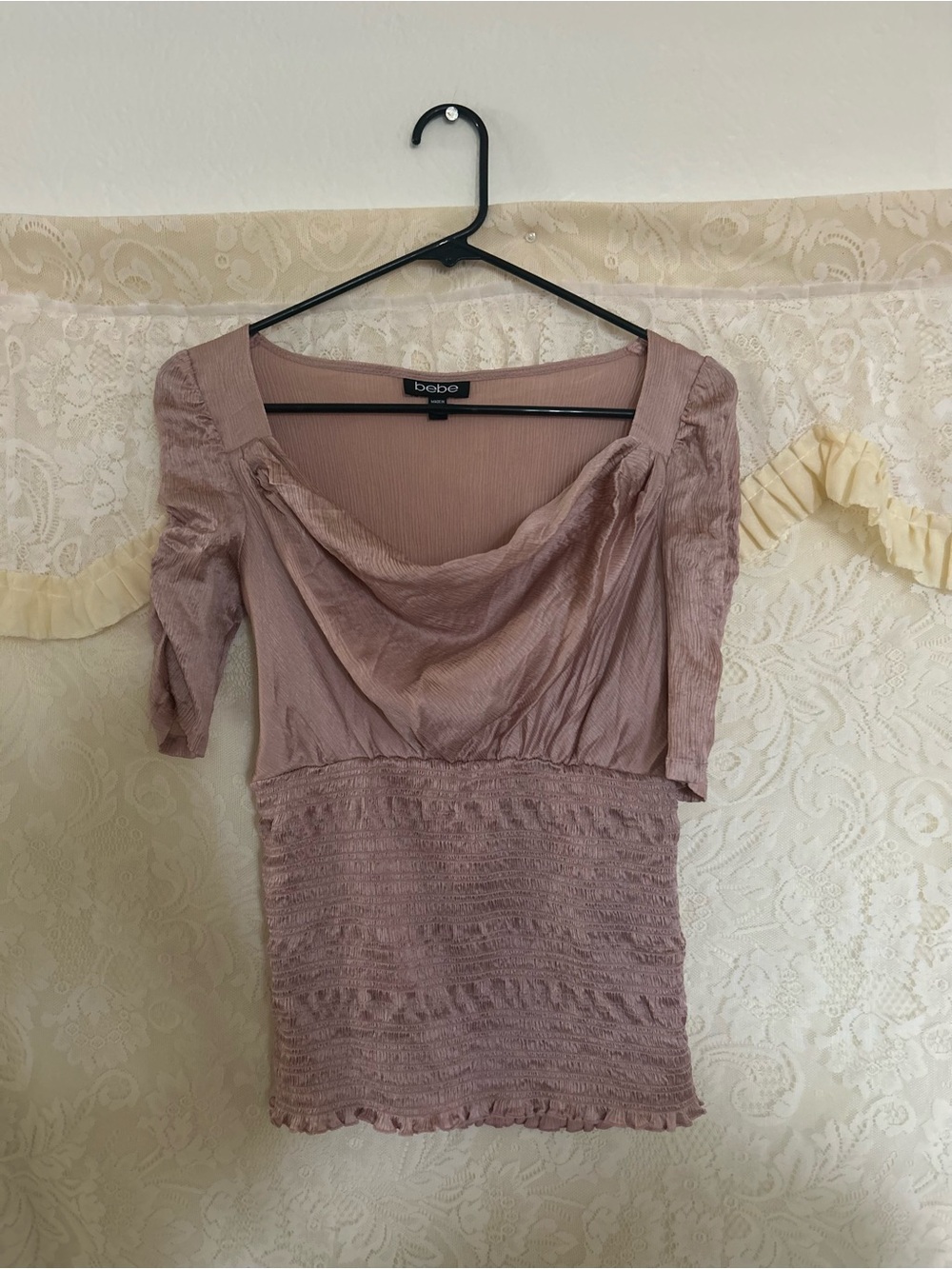 bebe Dusty Mauve Cowl Neck top 100% silk size S